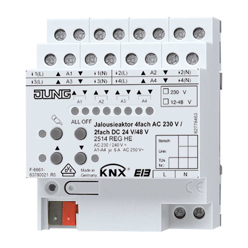 Изображение 2514REGHE  KNX актуатор жалюзи 4 группы AC 110 – 230 В, 2 группы DC 12 – 48 В - завод JUNG