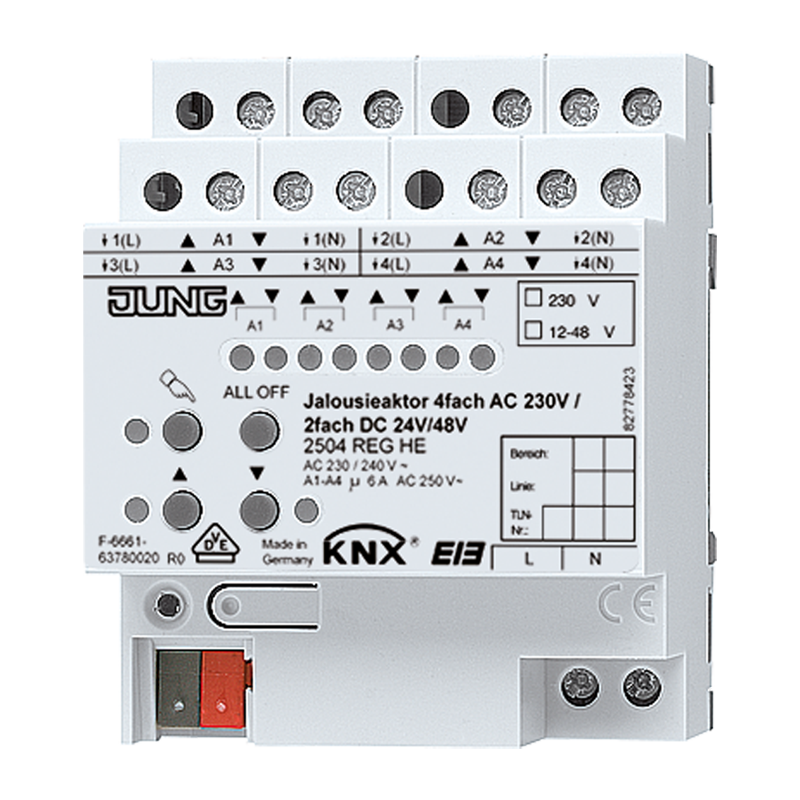 Изображение 2504REGHE  KNX актуатор жалюзи 4 группы AC 110 – 230 В, 2 группы DC 12 – 48 В - завод JUNG